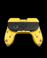 Yellow banana-themed controller grip holding a black game controller on a black background