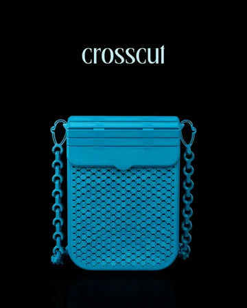 Electric blue 3D printed purse with a grid-patterned mesh front and rectangular shape, featuring a modern chain strap.