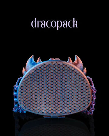 Iridescent 3D printed purse with dragon-like horns and a scale-patterned mesh front, blending blue and purple hues.