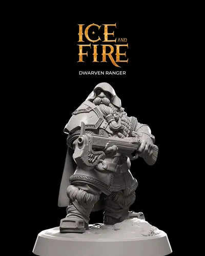 Dwarven ranger figurine with 'Ice and Fire' branding on a black background