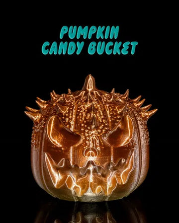 Spiked pumpkin candy bucket with fierce jack-o-lantern face
