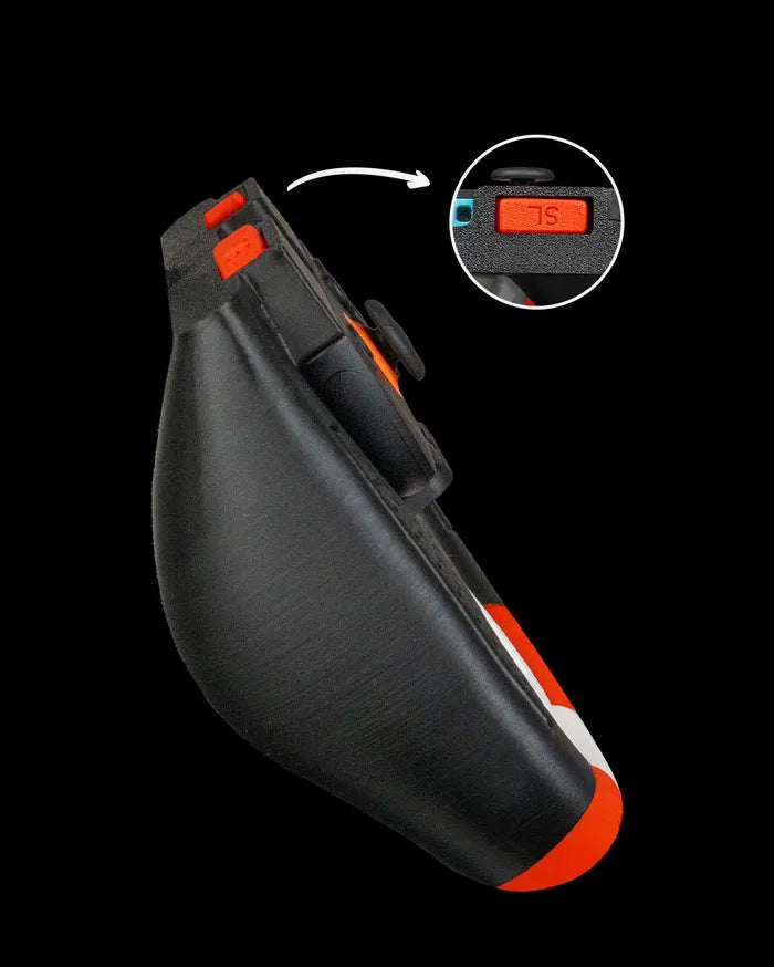Side view of a steering wheel grip with a circular inset detail near the top
