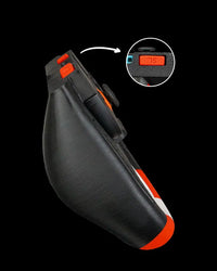 Side view of a steering wheel grip with a circular inset detail near the top