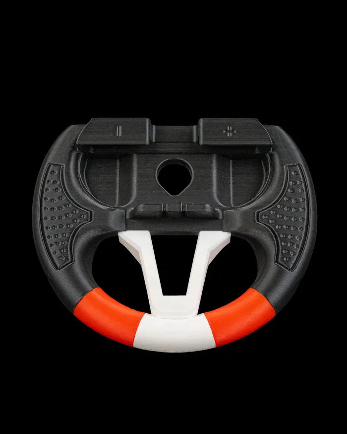 Front view of an empty black, white, and orange steering wheel grip
