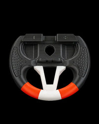 Front view of an empty black, white, and orange steering wheel grip