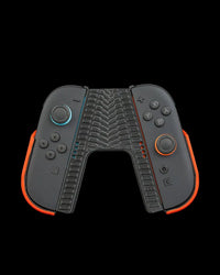 Front view of a black controller grip with orange side accents and tire tread texture