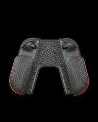 Rear view of a black controller grip with orange side edges and tread texture