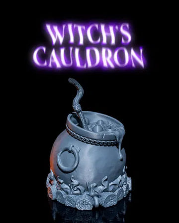 A bubbling witch’s cauldron with glow effects and magical details, 3D printed in gothic style.