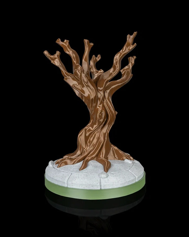Brown twisted tree display stand on a round stone-look base with a green rim