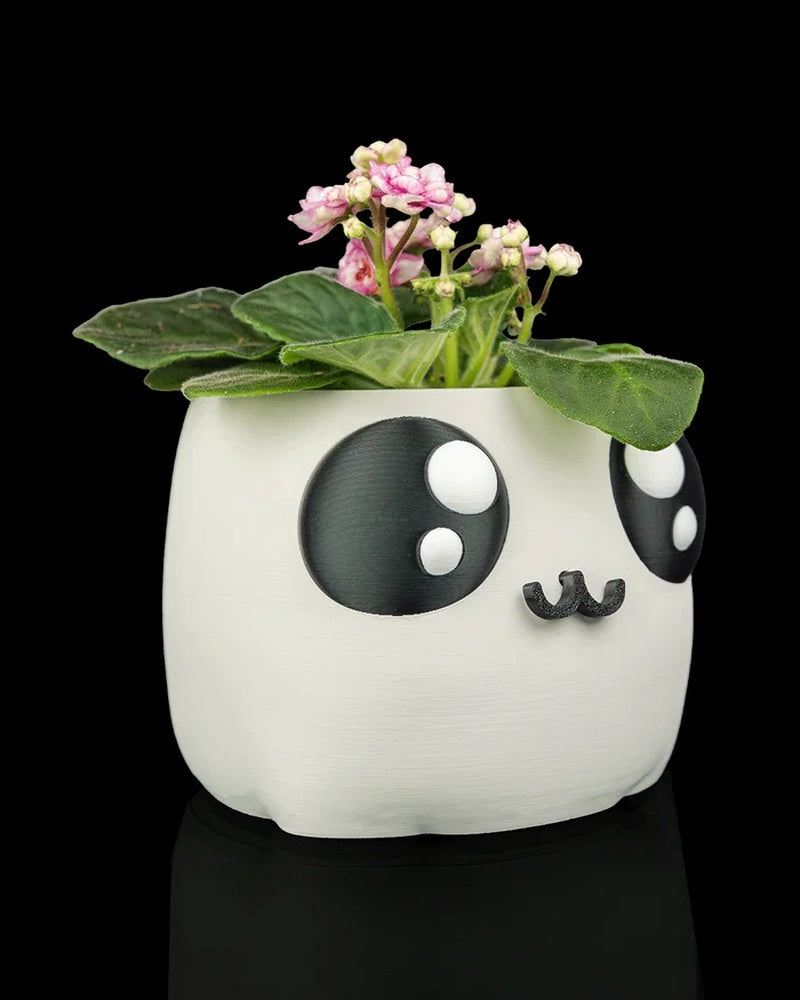White face planter viewed from the side with black eyes, small mouth, and flowering plant