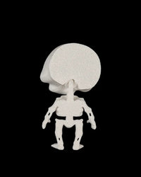 Back view of a small white skeleton figure with an oversized skull on a black background