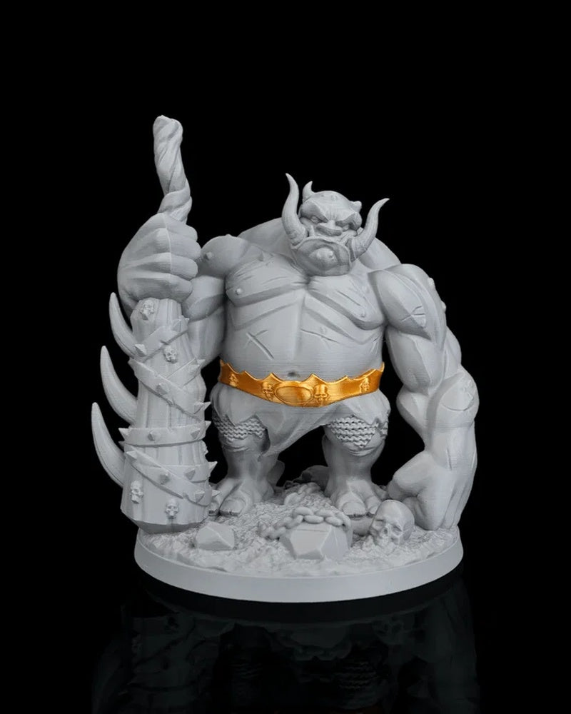 Grey troll figurine holding a large spiked club with a gold belt on a round base
