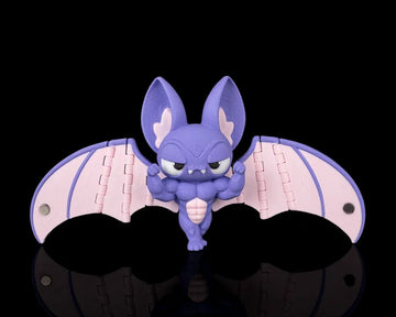 Purple bat figurine with pink wings, large ears, fangs, and muscular body on a black background
