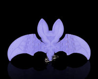 Back view of a purple bat with spread wings and a metal ring near the bottom