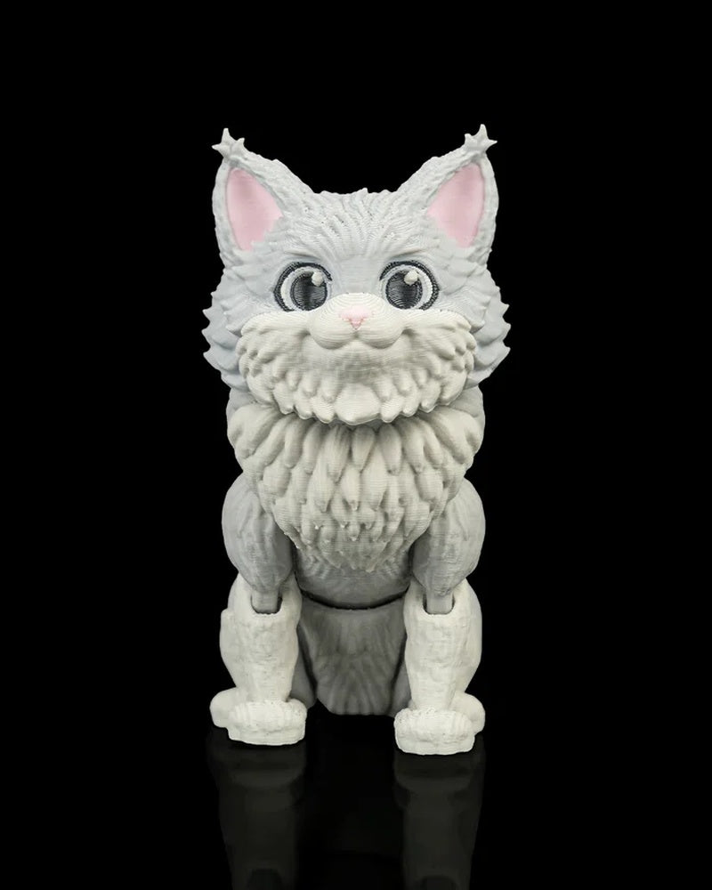 Front view of a gray-and-white fluffy cat figurine with large eyes and pink ears on a black background