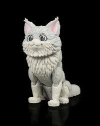 Angled front view of a gray-and-white fluffy cat figurine with pink ears and large eyes