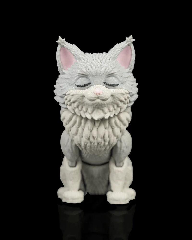 Front view of a gray-and-white fluffy cat figurine with closed eyes and pink ears