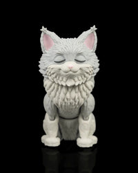 Front view of a gray-and-white fluffy cat figurine with closed eyes and pink ears