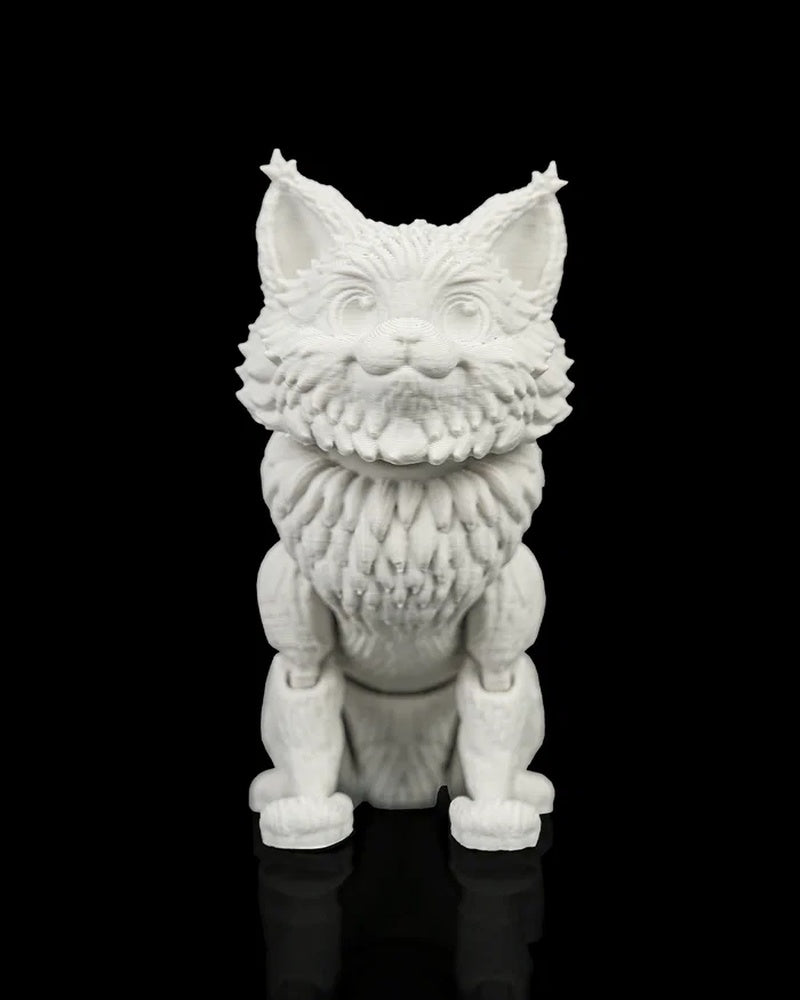 Front view of an unpainted white cat figurine with textured fur on a black background