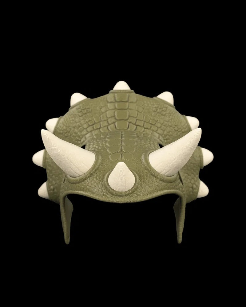 Olive-green crown-shaped costume with cream-colored spikes shown from the front on a black background