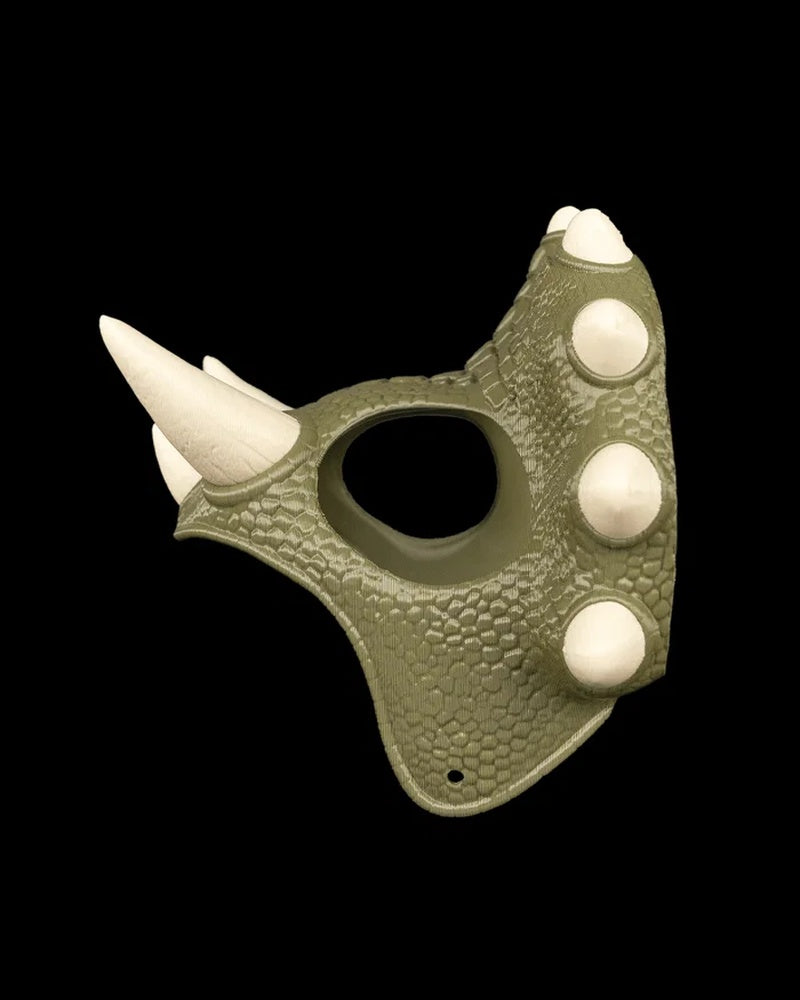 Olive-green spiked crown-shaped costume shown from the side on a black background