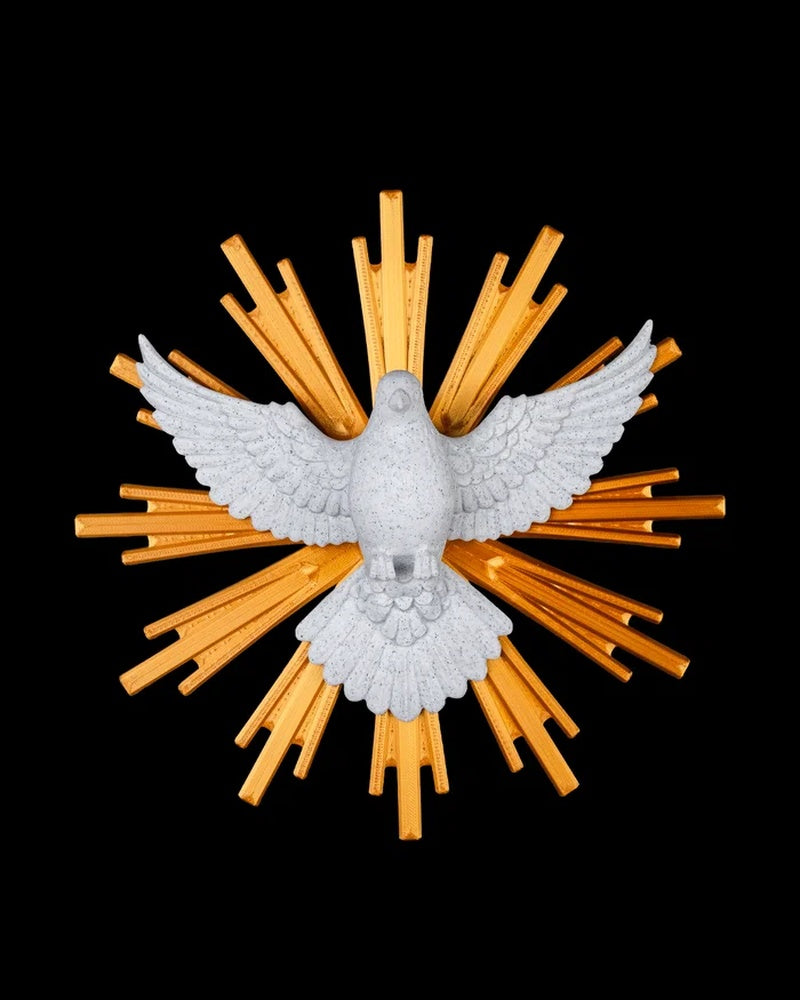 White dove figurine with outstretched wings in front of golden rays on a black background