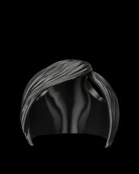 Black side-swept bangs piece shown from the front on a black background.