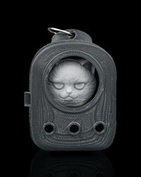Grey cat face inside a dark backpack-shaped frame with a metal ring at the top