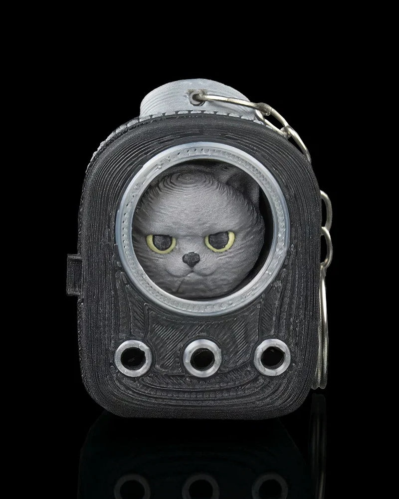 Front view of a grey cat face in a dark carrier frame with yellow eyes and circular front details