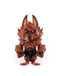 Front view of a reddish-brown monster figurine with tall ears, black eyes, fangs, large hands, and bare feet on a white background.