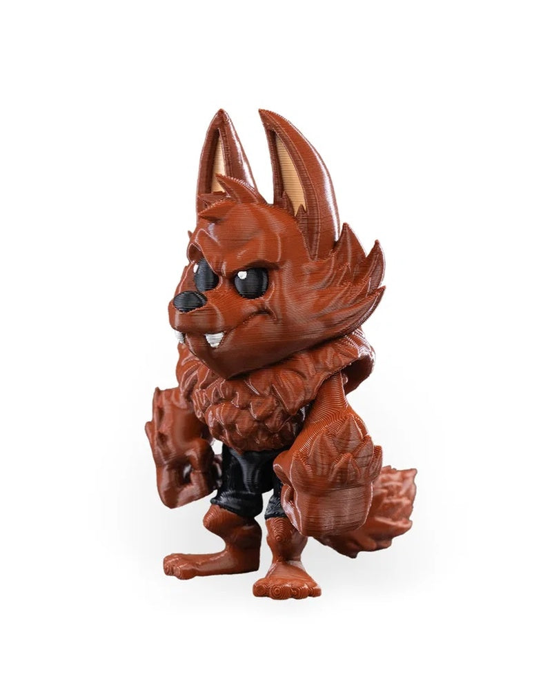 Side angled view of a reddish-brown monster figurine showing tall ears, spiky cheek details, large hands, and tail.