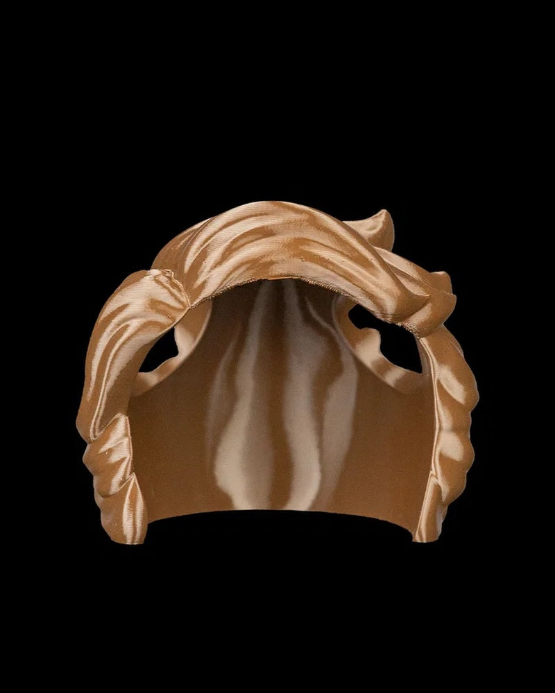 Brown wave-styled headpiece shown from the front on a black background.