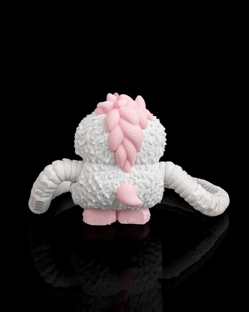 Back view of a white monster figurine with pink back spikes, a pink tail and ribbed arms on a black background