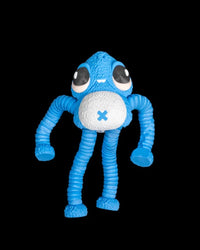 Blue monster figurine with large eyes, white belly, long ribbed arms, and long legs on a black background