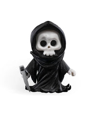 Front view of a black hooded skull figure holding a gray blade-like prop on a white background.