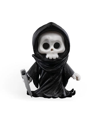 Front view of a black hooded skull figure holding a gray blade-like prop on a white background.