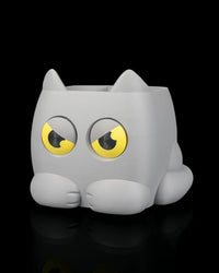 Angled front view of a gray cat-shaped planter with pointed ears and front paws