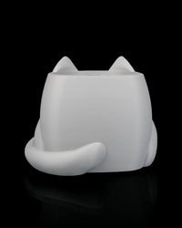 Back view of a gray cat-shaped planter with a curled tail and pointed ears