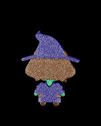 Back view of a small witch character with a blue hat, brown hair, and blue robe