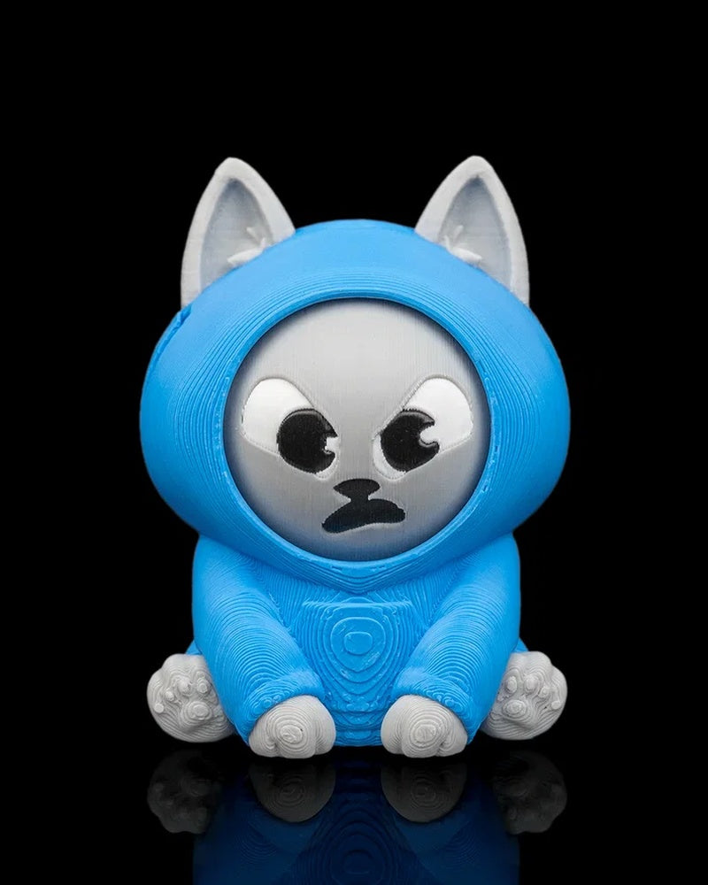 Front view of a blue hooded gray cat toy with an angry facial expression on a black background