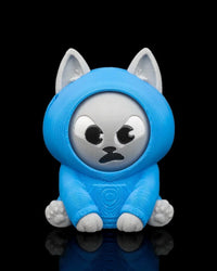 Front view of a blue hooded gray cat toy with an angry facial expression on a black background