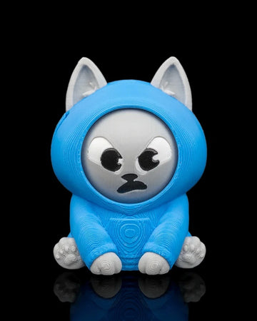 Front view of a blue hooded gray cat toy with an angry facial expression on a black background