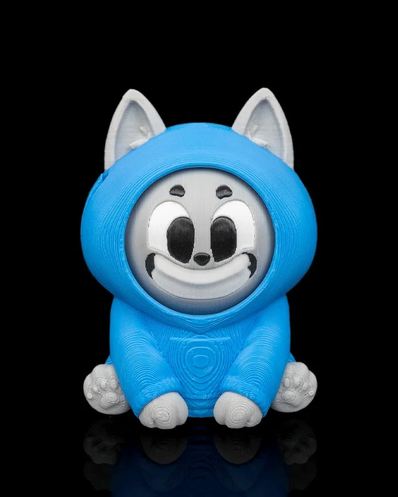 Front view of a blue hooded gray cat toy with a smiling facial expression on a black background
