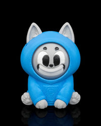 Front view of a blue hooded gray cat toy with a smiling facial expression on a black background