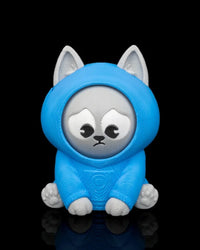 Front view of a blue hooded gray cat toy with a sad facial expression on a black background
