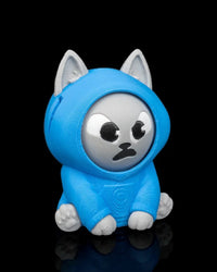 Angled front view of a blue hooded gray cat toy with an angry facial expression on a black background