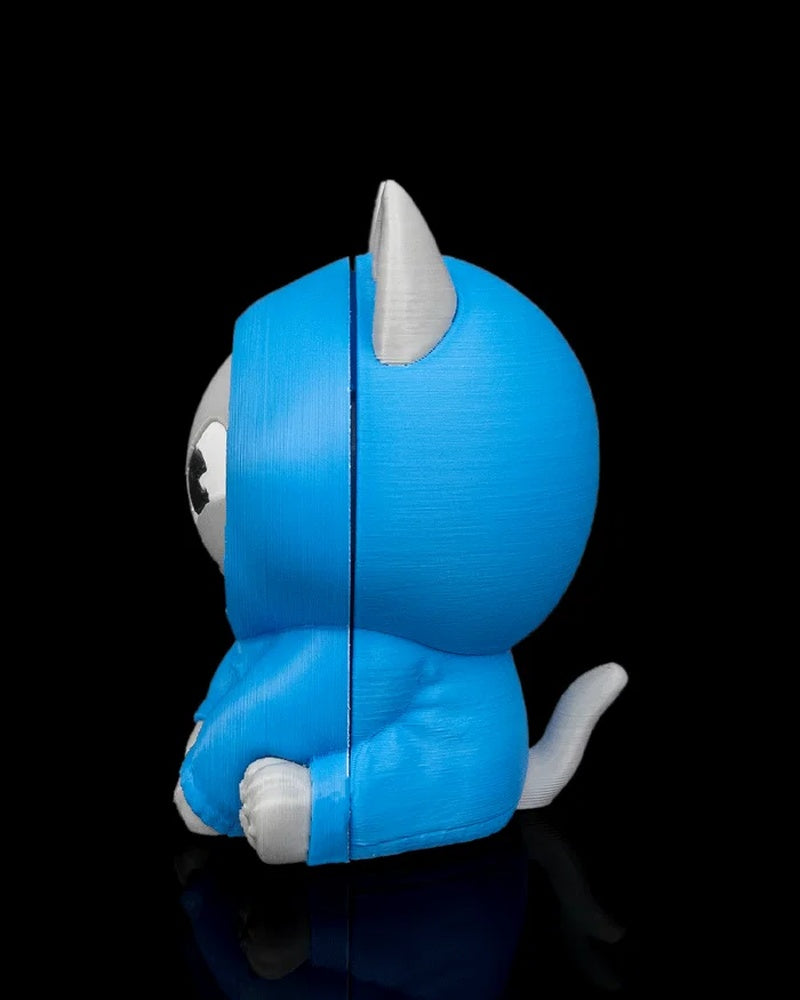 Side view of a blue hooded cat toy with white ears, paws, and tail on a black background