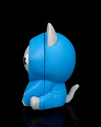Side view of a blue hooded cat toy with white ears, paws, and tail on a black background