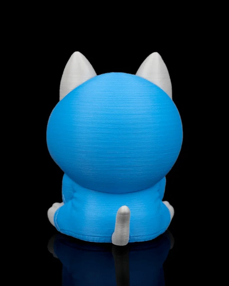 Back view of a blue hooded cat toy with white ears and tail on a black background