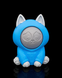 Front view of a blue hooded gray cat toy with a faint sad face on a black background